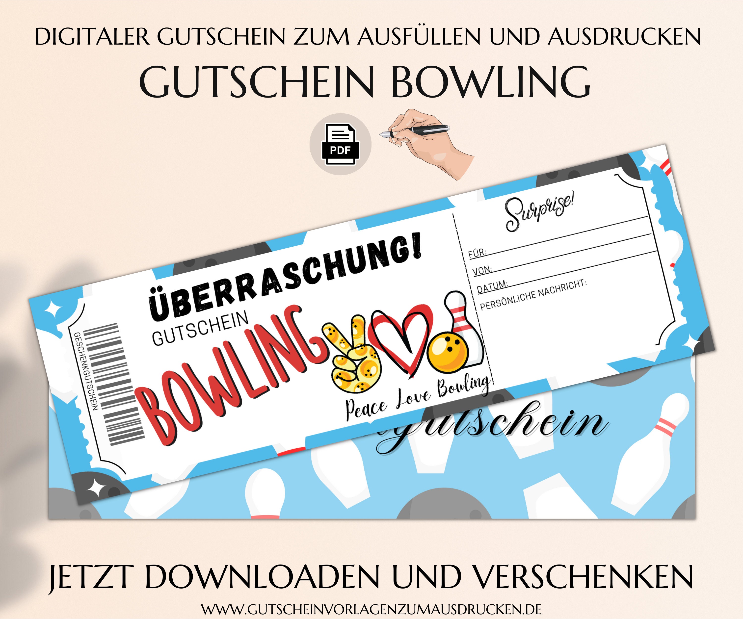 Bowling Gutschein Vorlage Karte Zum Ausdrucken Digitaler Download PDF