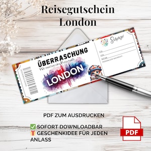 Reisegutschein London – PDF Vorlage zum Ausdrucken | Digitaler Gutschein für Städtereise England, Last-Minute Geschenkidee