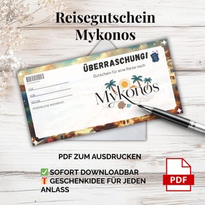 ミコノス旅行券 – 印刷用 PDF テンプレート |ギリシャのビーチホリデーギフトアイデア - カップル、友人、太陽好きへのサプライズ