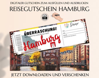 Reisegutschein Hamburg  | Gutscheinvorlage zum Ausdrucken | Städtetrip Hamburg Geschenk | Gutschein Download PDF | JSK329