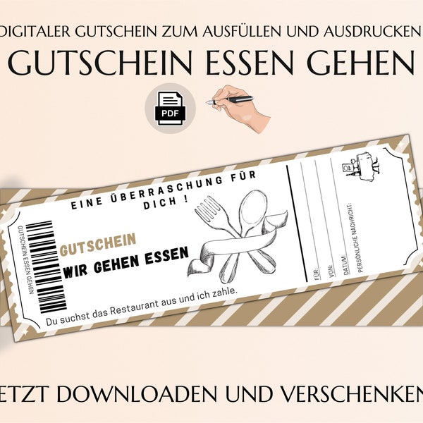 Restaurant Gutschein | Essen gehen Gutscheinkarte | PDF Download | Geburtstag Geschenk | Personalisiert | Vorlage zum Ausdrucken JSK010