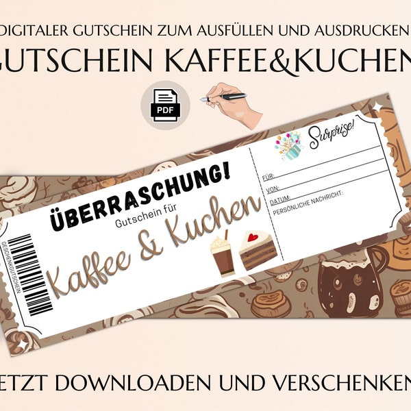 Gutschein Kaffee und Kuchen zum Ausdrucken | Vorlage Gutscheinkarte Kaffeetrinken | JSK096