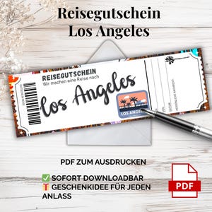 Reischeque Los Angeles – PDF-sjabloon om af te drukken | Geef een stedentrip naar de VS cadeau | Idee voor een vakantiecadeau | Voucher om zelf af te drukken