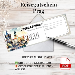プラハ旅行券 – 印刷用 PDF テンプレート |チェコ共和国の都市旅行のデジタルバウチャー、直前のギフトアイデア