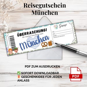 ミュンヘン旅行券 – 印刷用 PDF テンプレート |バイエルン州市内旅行のデジタルバウチャー、直前のギフトアイデア