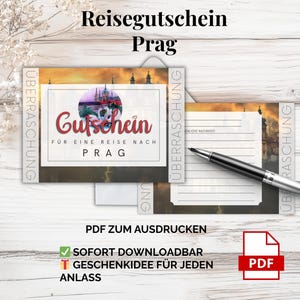 プラハ旅行券 – 印刷用 PDF テンプレート |チェコ共和国の都市旅行のデジタルバウチャー、直前のギフトアイデア