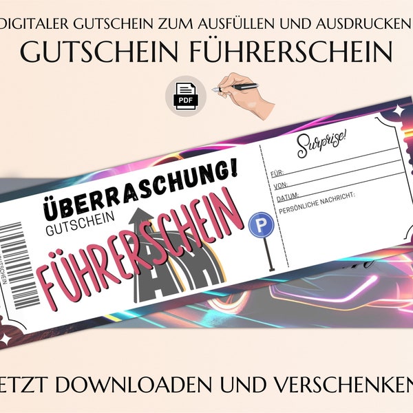 Führerschein Gutschein Vorlage zum Ausdrucken | Führerschein-Zuschuss | Geschenkgutschein PDF | Geldgeschenk JSK185