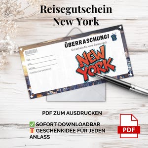 ニューヨーク旅行券 – 印刷用 PDF テンプレート |アメリカの都市旅行のためのデジタルバウチャー、直前のギフトアイデア