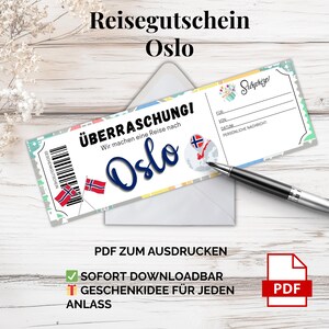 Reisegutschein Oslo – PDF Vorlage zum Ausdrucken | Digitaler Gutschein für Städtereise Norwegen, Last-Minute Geschenkidee