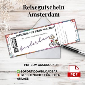 アムステルダム旅行券 – 印刷用 PDF 券テンプレート |オランダ市内観光のデジタルバウチャー、直前ギフト