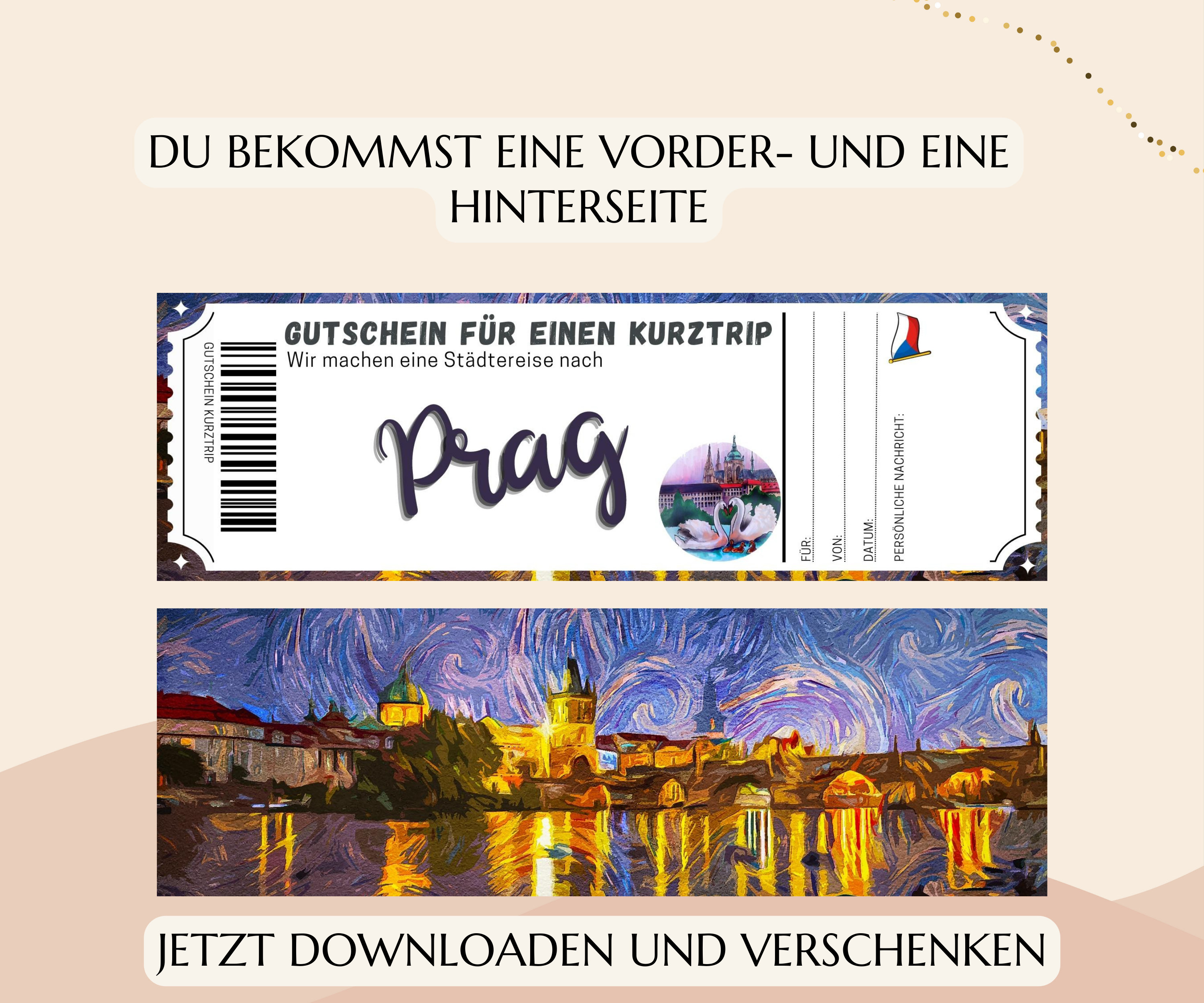 Reisegutschein Prag Vorlage zum Ausdrucken PDF Download Geburtstag