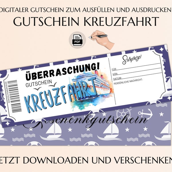 Kreuzfahrt Gutschein Vorlage zum Ausdrucken | Geldgeschenk Kreuzfahrtschiff |  | Geschenkgutschein Schiffsreise | JSK201