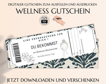 Wellness Gutschein Vorlage | Gutscheinkarte | PDF Download | Geburtstag Geschenk | Personalisiert JSK003