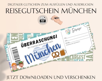 Reisegutschein München Geschenkgutschein | Gutschein Vorlage zum Ausdrucken | Gutscheinvorlage gemeinsame Zeit | Urlaub JSK081