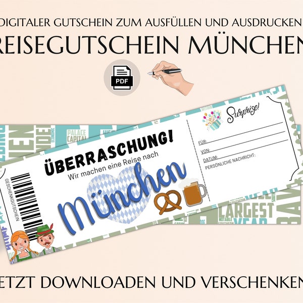 Reisegutschein München Geschenkgutschein | Gutschein Vorlage zum Ausdrucken | Gutscheinvorlage gemeinsame Zeit | Urlaub JSK081