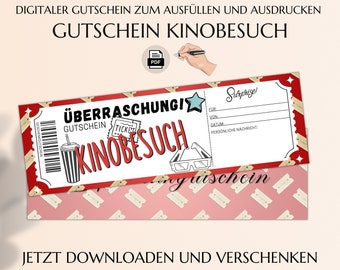 Kinogutschein Vorlage zum Ausdrucken | Gutschein | Kino Geschenkgutschein PDF | Kinobesuch | JSK212