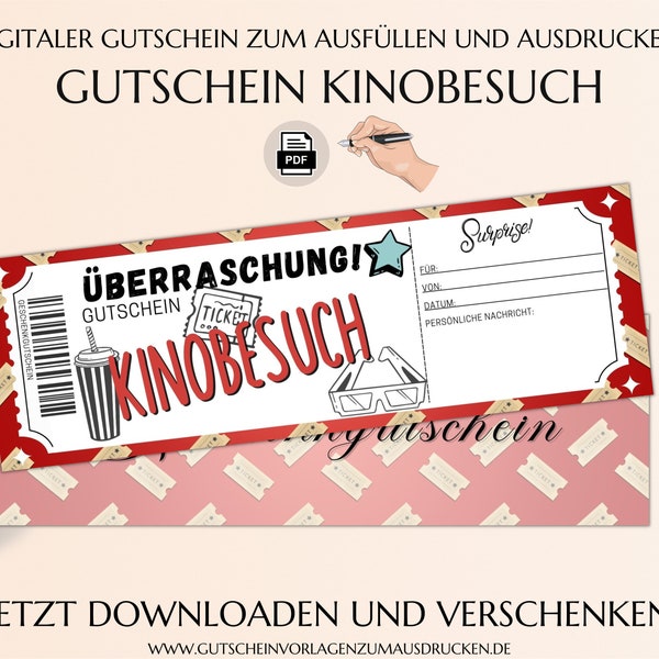 Kinogutschein Vorlage zum Ausdrucken | Gutschein | Kino Geschenkgutschein PDF | Kinobesuch | JSK212