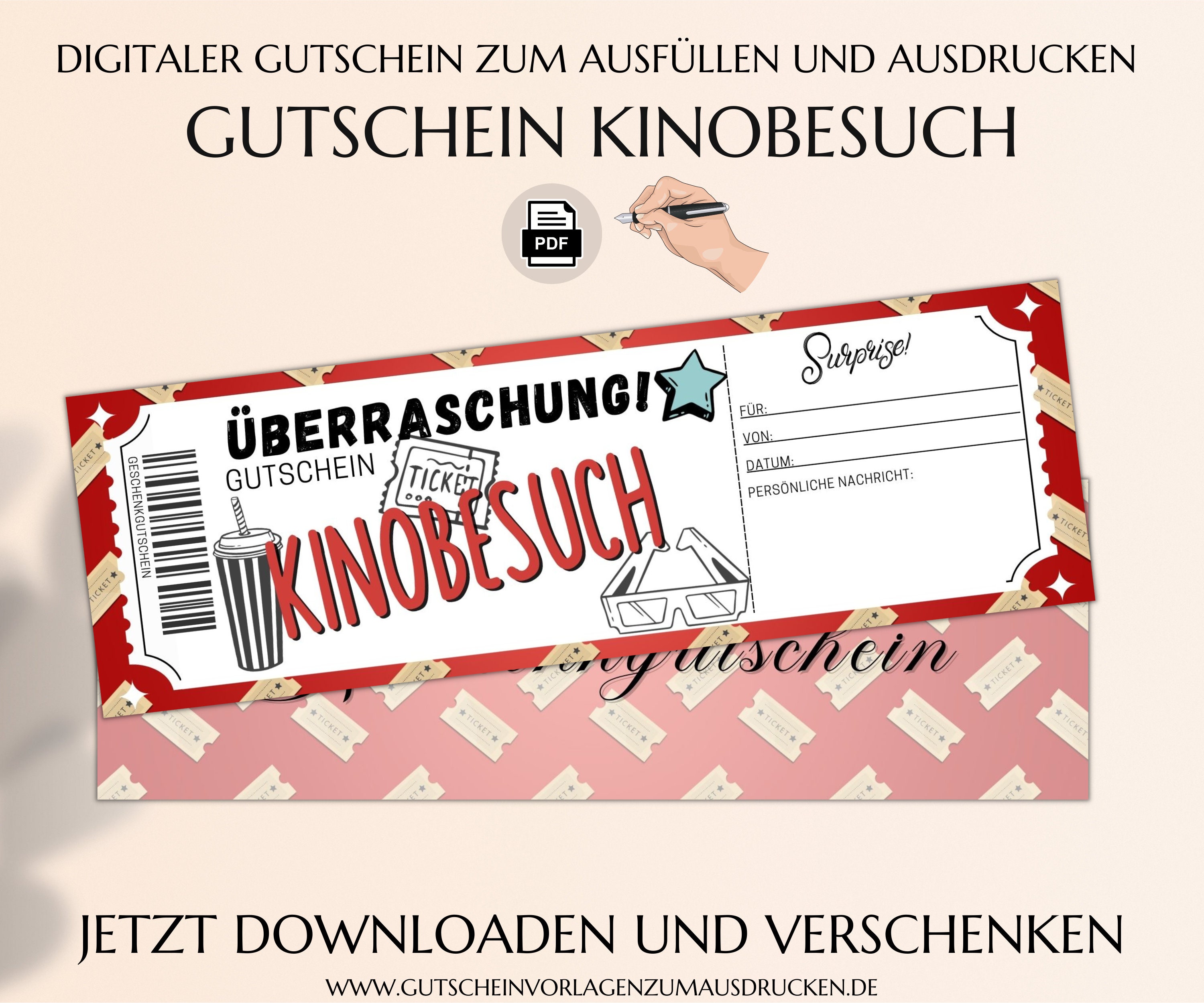 Kinogutschein Vorlage zum Ausdrucken Gutschein JSK212 Kinobesuch PDF Kino Geschenkgutschein