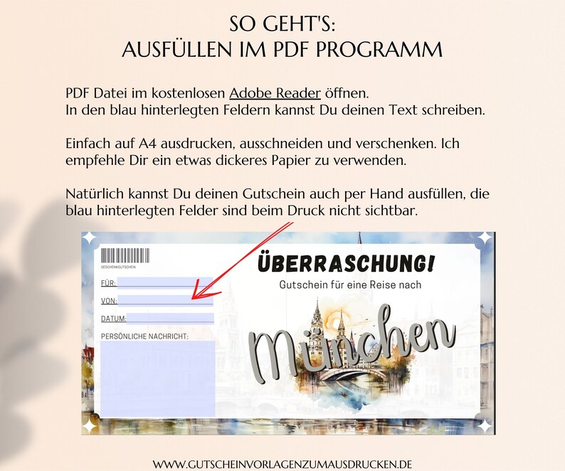 Reisegutschein München Vorlage zum Ausdrucken Gutschein München Reise verschenken Ideen PDF download JSK391 image 3