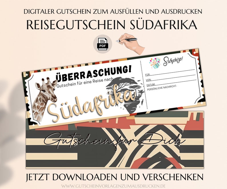 Reisegutschein Südafrika Gutscheinvorlage zum Ausdrucken PDF Download Gutschein Afrikareise Rundreise JSK303 Bild 1