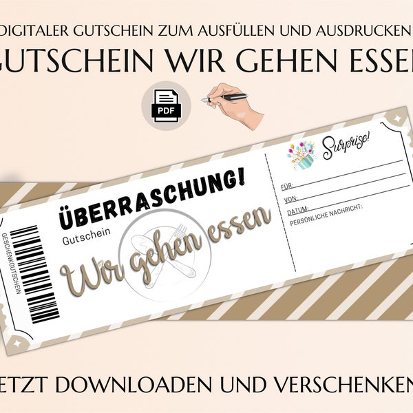 Gutschein Essen gehen | Gutscheinvorlage zum Ausdrucken | Restaurant Gutscheinkarte | PDF Download | Essensgutschein | JSK095