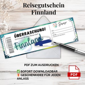 フィンランド旅行券 – 印刷用 PDF テンプレート |スカンジナビアのギフトアイデア：自然を満喫できる休暇 - カップル、友人、そして冬のファンへのサプライズ