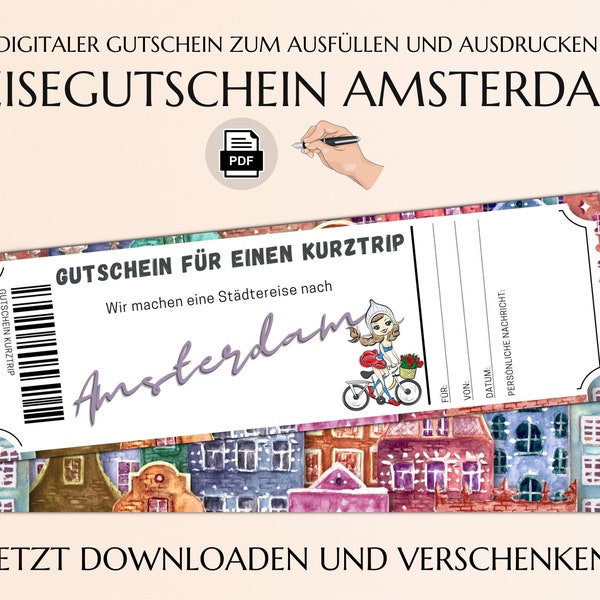 Gutschein Kurztrip Amsterdam | Vorlage zum Ausdrucken | PDF Download | Geburtstag Geschenk | Personalisiert | Städtereise Städtetrip JSK021