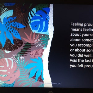 May include: A motivational quote on a black background with a tropical leaf design on the left side. The quote reads: "Feeling proud means feeling good about yourself, about something you accomplished or about something you did well. When was the last time you felt proud?"