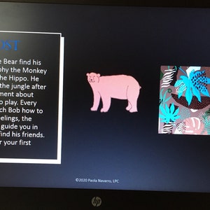 May include: A pink bear illustration on a black background with the text "LOST" and instructions to help the bear find his friends. The text says to teach the bear how to share feelings and the compass will guide you in helping the bear find his friends. Hit "Next" for your first move.