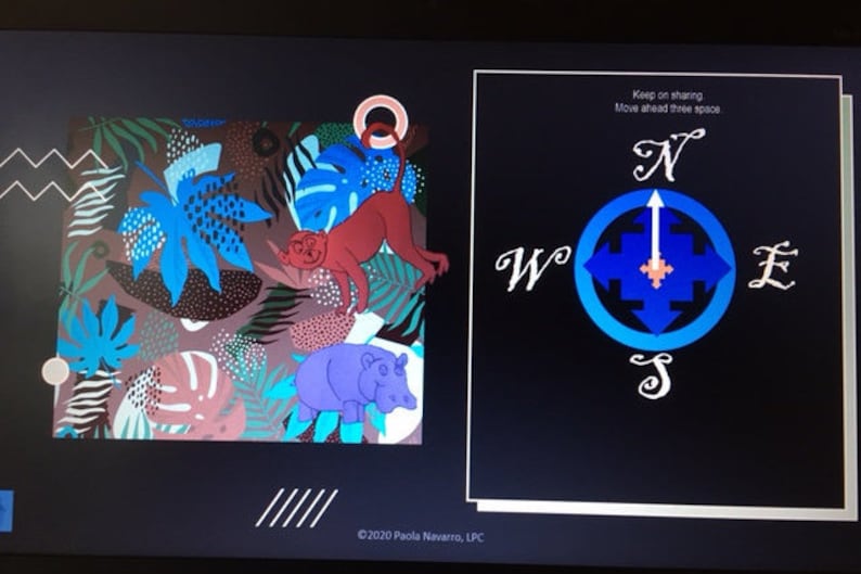 May include: A colorful illustration of a jungle scene with a monkey, a hippopotamus, and various plants. The image also includes a compass with the directions north, south, east, and west.