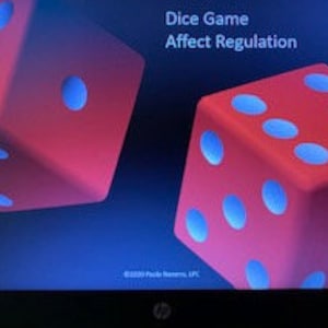 May include: Two red dice with white dots, against a dark blue background. The text "Dice Game Affect Regulation" is displayed above the dice.