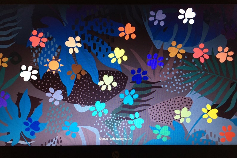 May include: A colorful abstract design with a variety of paw prints in different colors and sizes. The background is a dark gray with blue and green leaves and other abstract shapes. The text "&copy;2020 Paula Navarro, LPC" is at the bottom of the image.