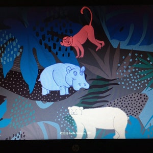 May include: A digital illustration of a blue hippopotamus, a red monkey, and a white polar bear on a dark background with blue, green, and brown leaves and patterns. The text "&copy;2020 Paula Navarrete, LLC" is at the bottom of the image.