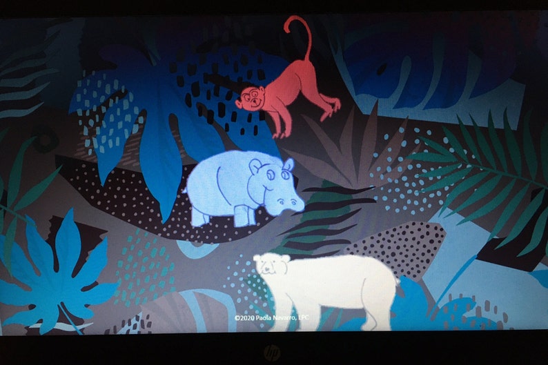 May include: A digital illustration of a blue hippopotamus, a red monkey, and a white polar bear on a dark background with blue, green, and brown leaves and patterns. The text "&copy;2020 Paula Navarrete, LLC" is at the bottom of the image.