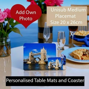 Personalised Placemats & Coaster Set: Custom Table Mats and Coaster Kitchen Dinner Place Mats Dining Table, Unisub Tablemat Size 20x26cm UK