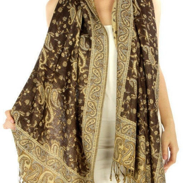 Women Fashion Outlined Pashmina Paisley Scarf Shawl Wrap Reversible Dark Coffee W/ Fringes