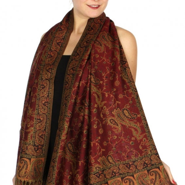 Women Fashion Outlined Pashmina Paisley Scarf Shawl Wrap Reversible Jujube Red W/ Fringes