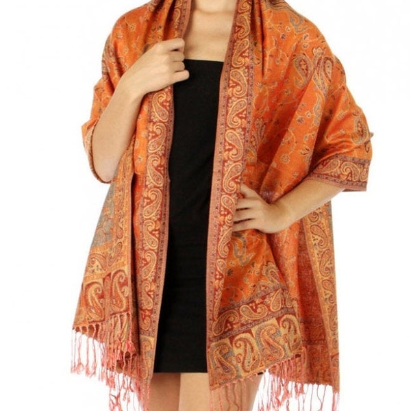 Women Fashion Outlined Pashmina Paisley Scarf Shawl Wrap Reversible Orange  W/ Fringes