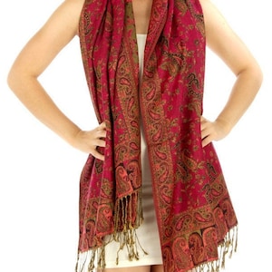 Women Fashion Outlined Pashmina Paisley Scarf Shawl Wrap Reversible Fushia W/ Fringes