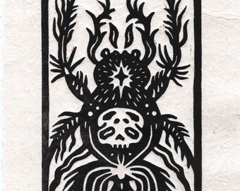 Spider Linocut Print: Skull Goblincore Art, Handmade A6