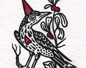MEZZETTINO Bird Linocut Print: Red & Pink Handmade Art (A5 Size)