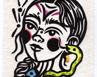 Whispered Bride Linoprint: Primitive Girl with Snake Art (6x4)