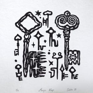 MAGIC SKELETON KEYS, linoleografia in edizione limitata su carta fatta a mano, opera d'arte originale, vecchie chiavi arrugginite, arte murale, chiavi a forma di stelle, linoleografia.