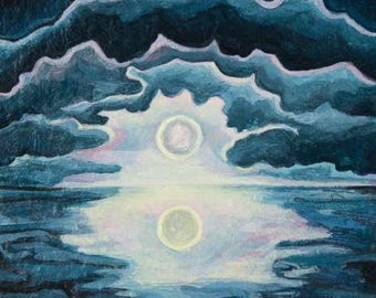 Original Landscape painting with moon and clouds.