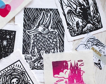 Handmade Linoprint Mystery Pack: Black & White Printmaking Art