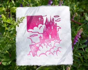 CASTLE, fairy  Mini Linocut Print 5.5”x4.9”, original handmade art, fairycore artwork, small print decor, fairy fantasy castle, pìnk.