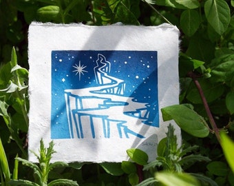 STARS PATH, cósmico Mini Linocut Print 5.5"x4.9", arte original hecho a mano, obras de arte de fantasía, decoración con letra pequeña, azul, galaxia, decoración mágica.