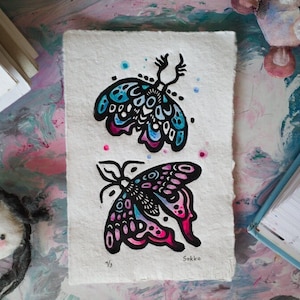 BUTTERFLIES , limited edition linoprint on handmade paper, pink and blue insect artwork, magic butterflies, nature wall art,