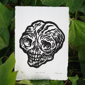 Skull Linocut Print, original handmade art, Limited Editon skull tattoo style , Lino cut, block print, goth skull artwork.