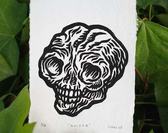 Skull Linocut Print, Tattoo Style Goth Artwork, Handmade Limited Edition